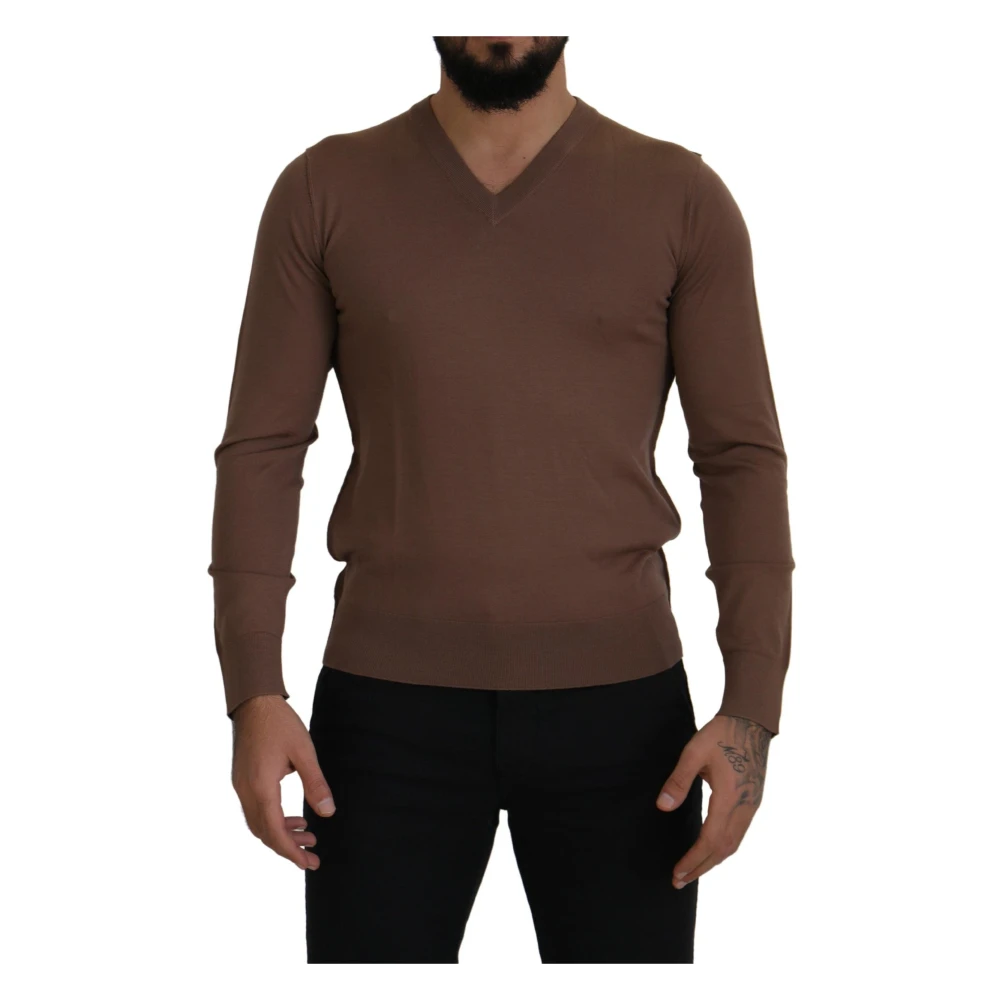 Dolce & Gabbana Men's Brown V-Neck Knitwear,, Elegant Virgin Wool V-Neck Pullover Jumper Small