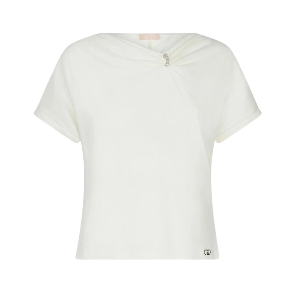 Liu Jo Asymmetrisch Katoenen T-shirt met Juweeldetail Beige Dames