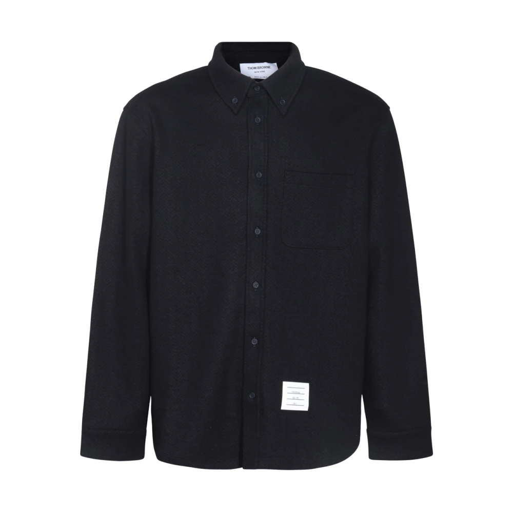 Thom Browne Blauw Herringbone Logo Patch Shirt Blue Heren