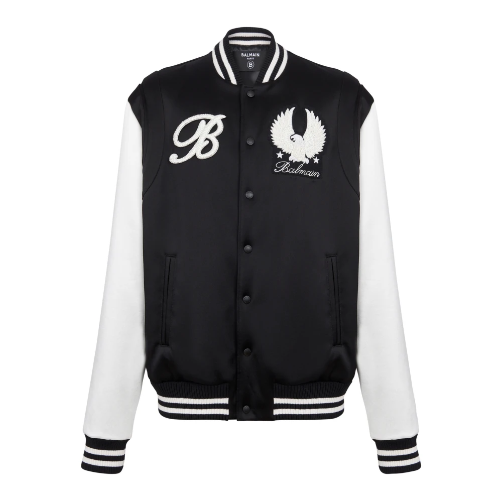 Balmain Satijnen Varsity Jas met Geborduurde Badges Black Heren