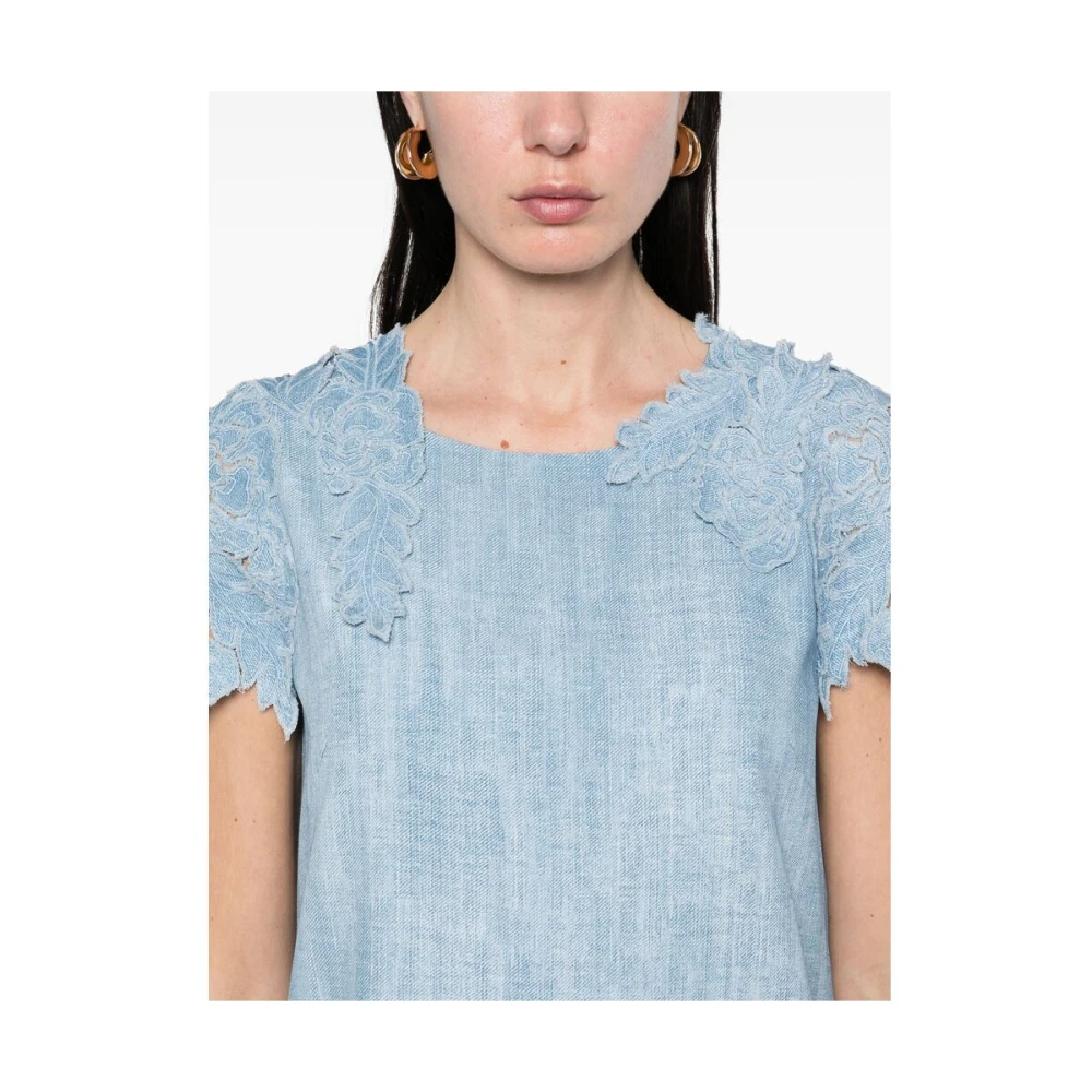 Ermanno Scervino Blauwe Bloemen Kant Korte Mouw Jurk Blue Dames