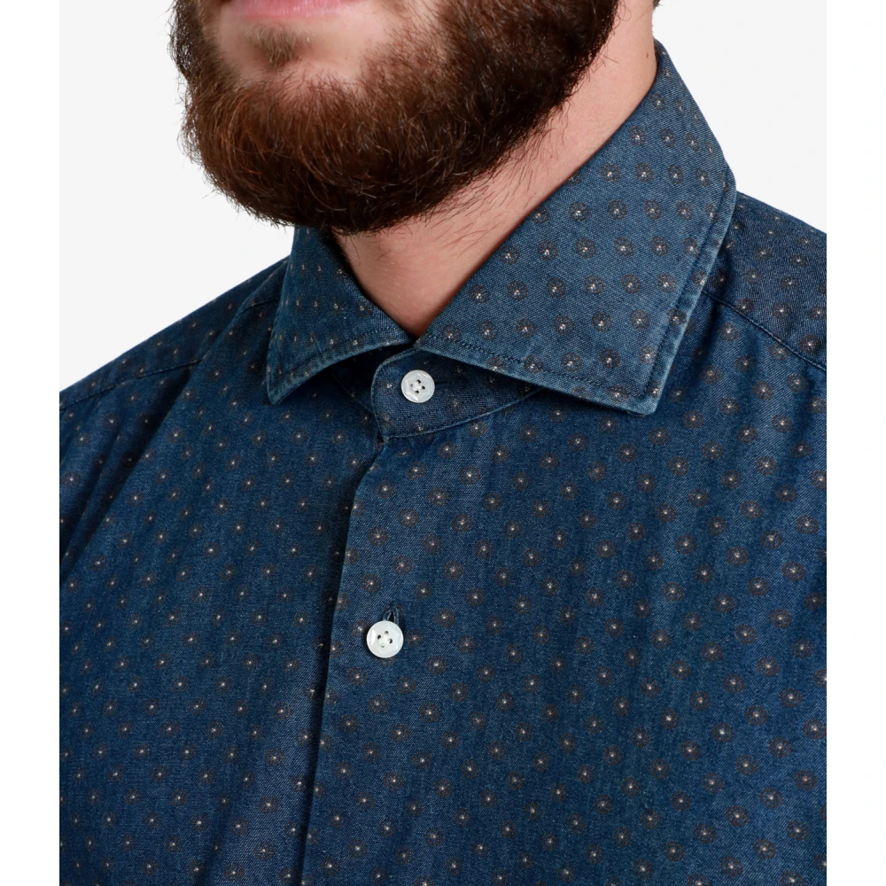 Barba Donkere Denim Overhemd met Microbloemen Blue Heren