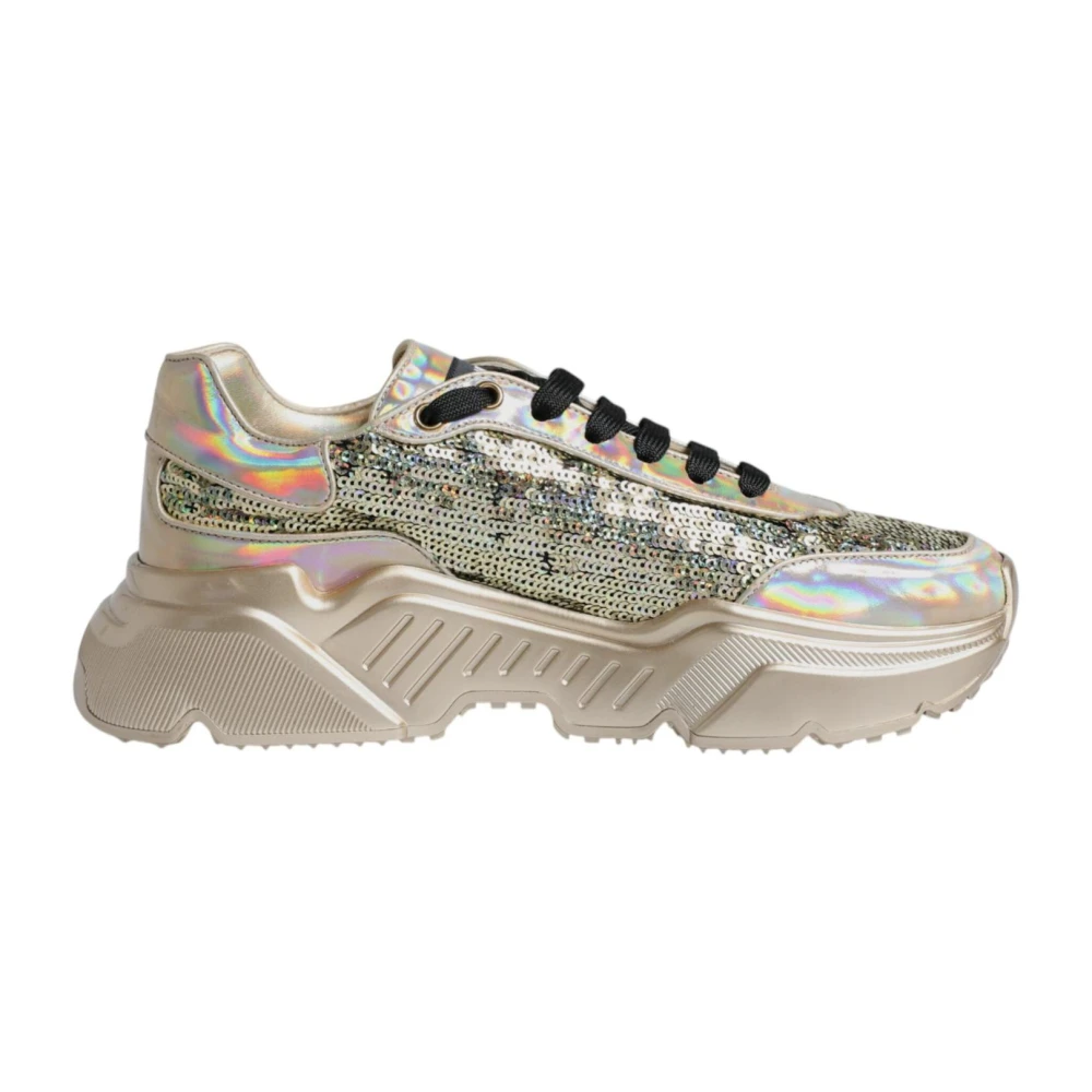 Dolce & Gabbana Men's Yellow Sneakers, 8 Uk, Iridescent Sequin Low-Top Trainers With Rubber Sole