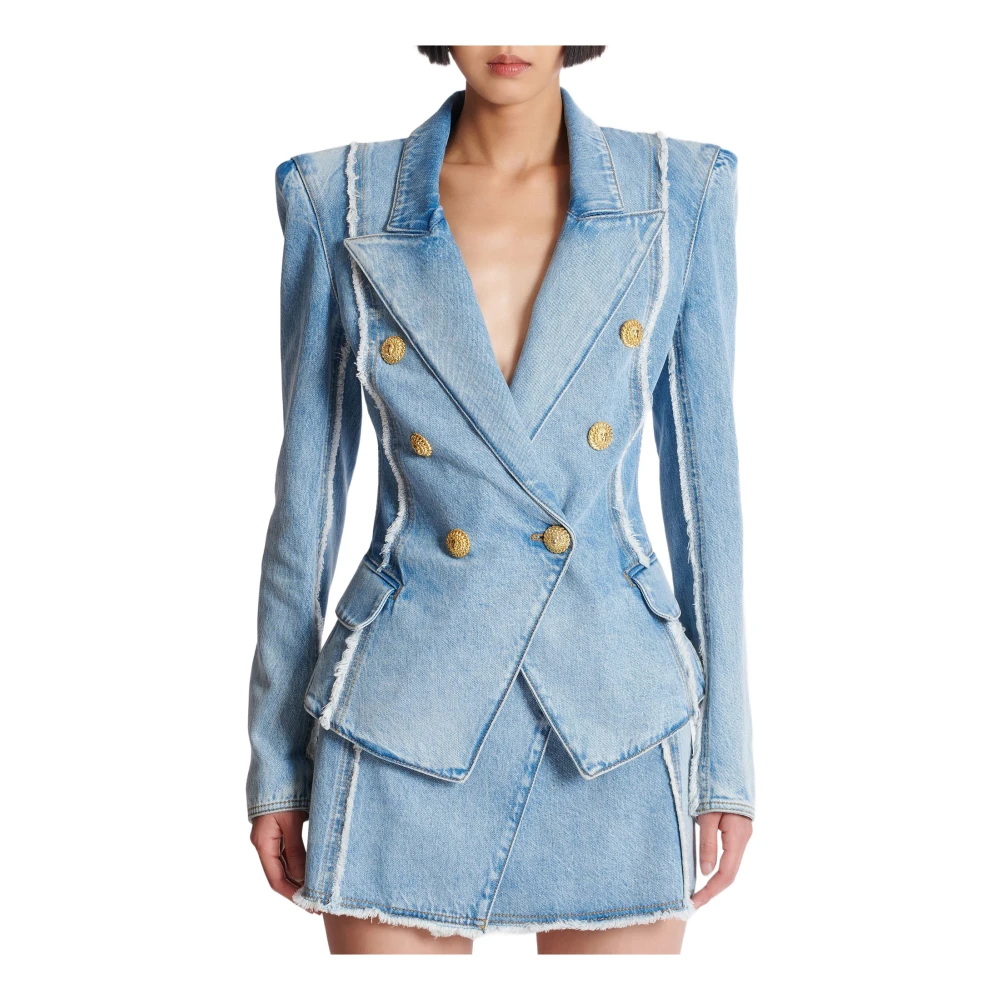 Balmain 6-knoops op maat gemaakte spijkerjas Blue Dames