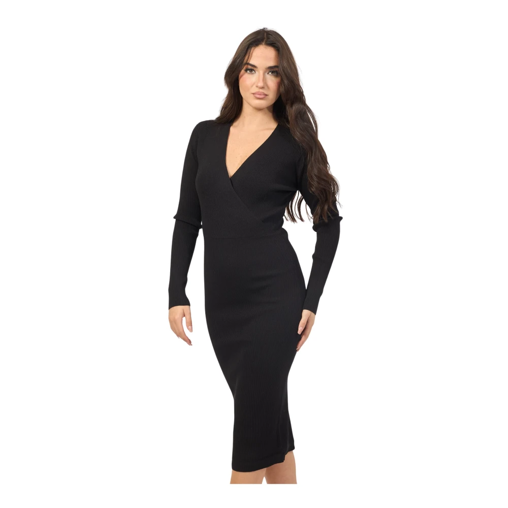 Silvian Heach Geribbelde Midi Jurk met Diepe V-Hals Black Dames