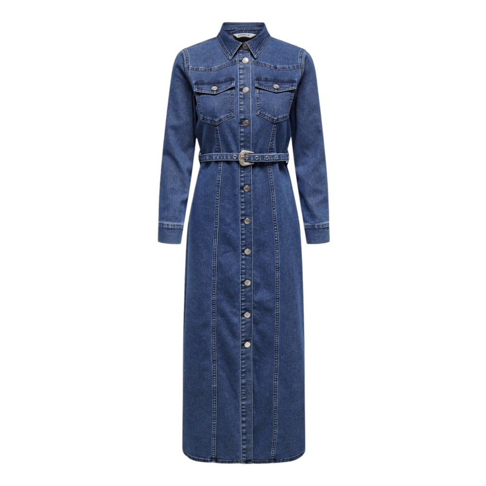 Only Blauwe Jurk met Zakken en Knopen Blue Dames