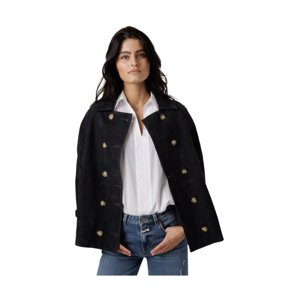 Alter Ego Royal Leren Trenchcoat met Dubbele Knoopsluiting Black Dames