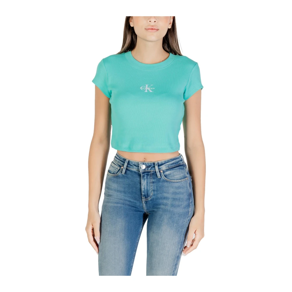 Calvin Klein Jeans Women's Blue Round Neck Short Sleeve Cotton Top