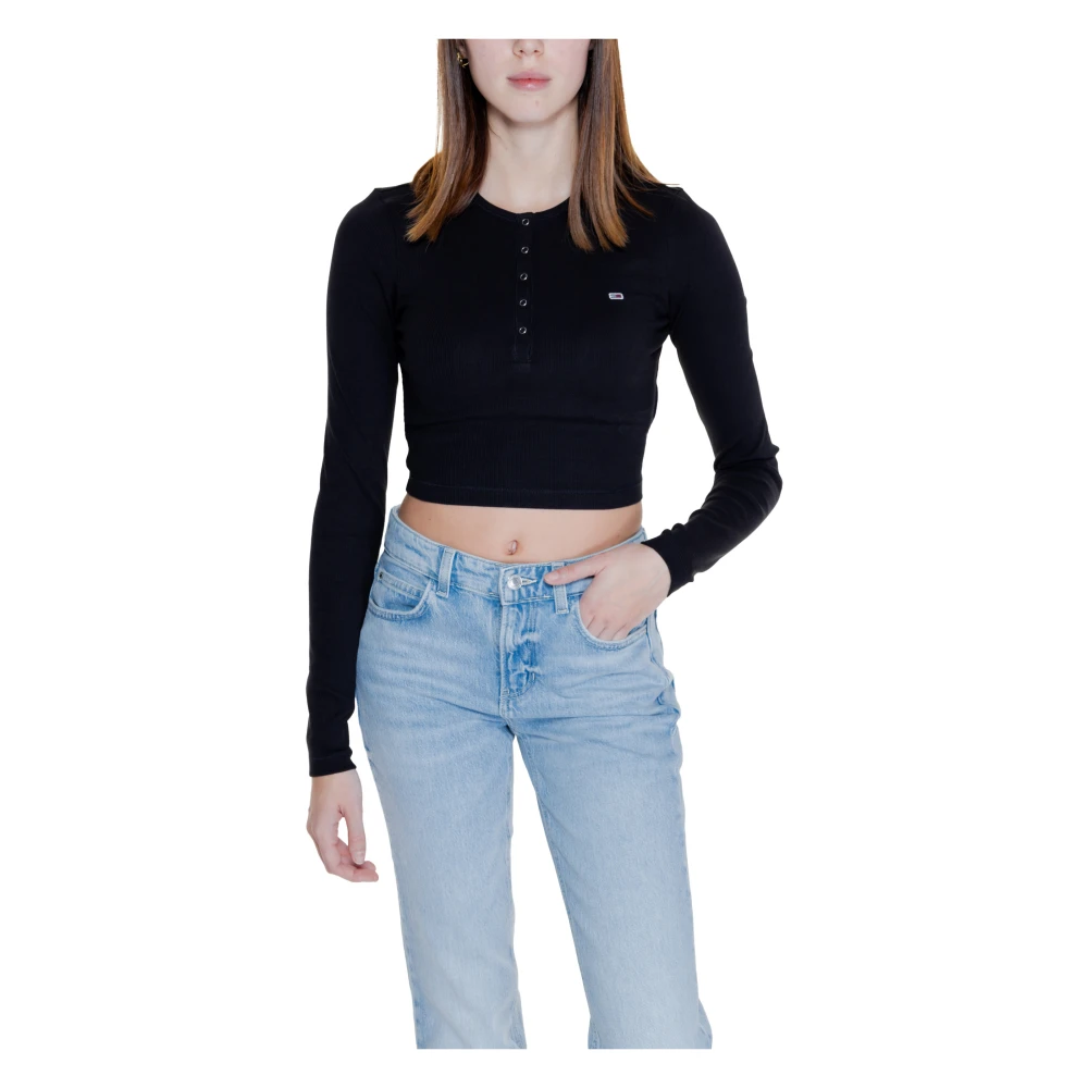 Tommy Jeans Henley T-Shirt Dames Katoen Elastaan Black Dames
