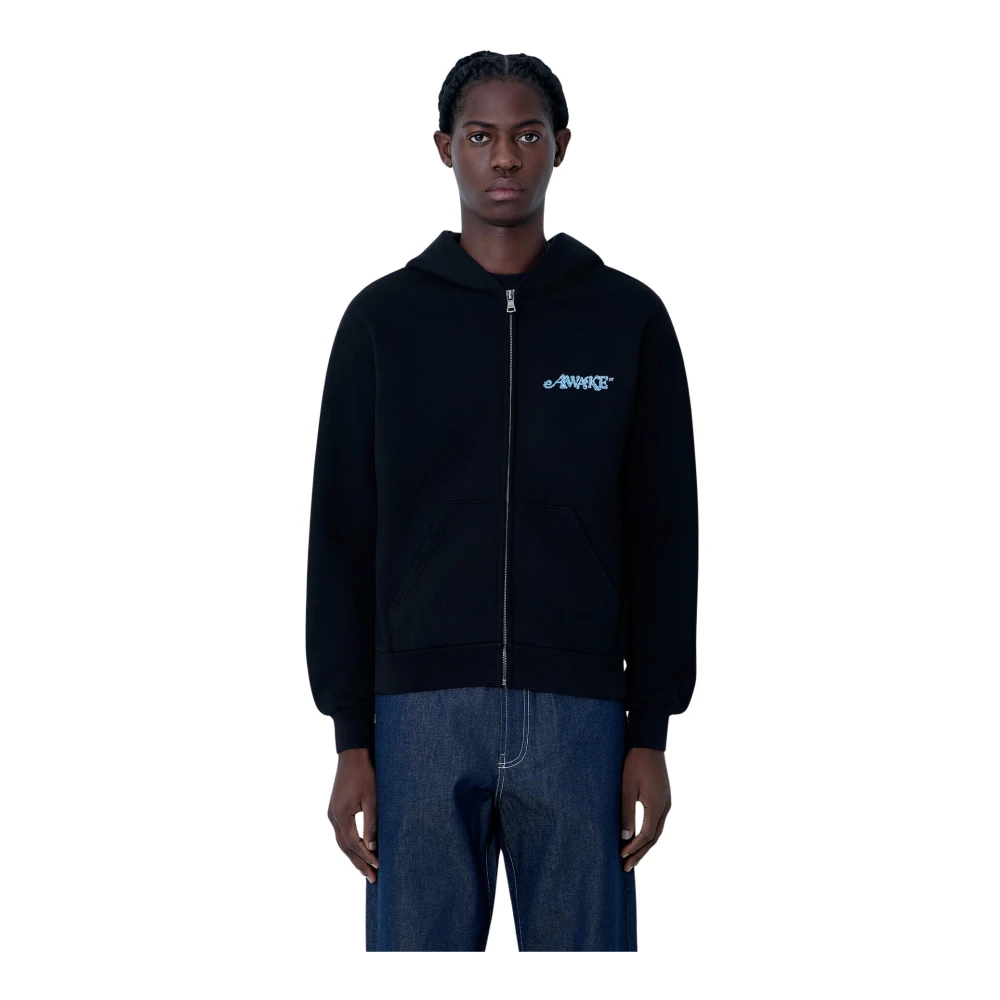 Awake Ny Men's Black Zip-Throughs, M, Logo Motif Hooded Sweatshirt