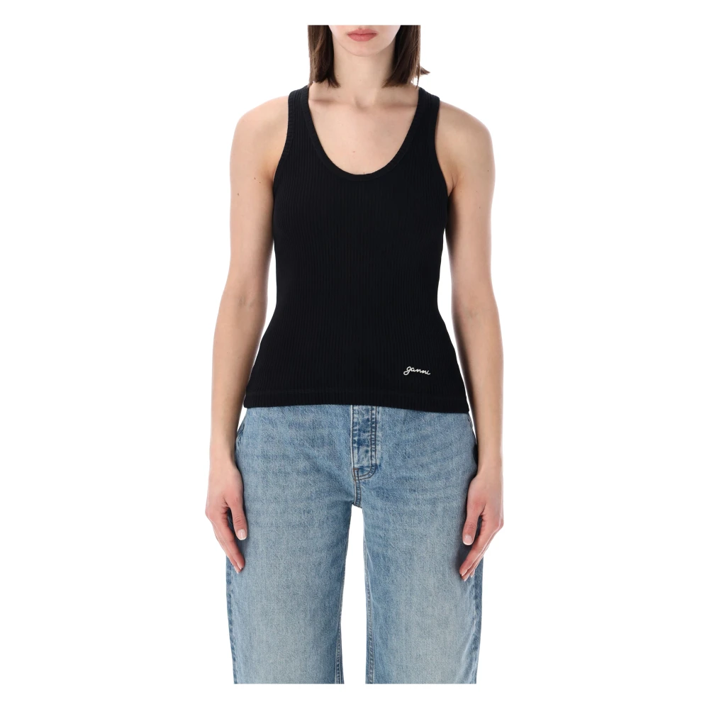 Ganni Women's Black Sleeveless Tops, S, Soft Cotton Rib Tank Top