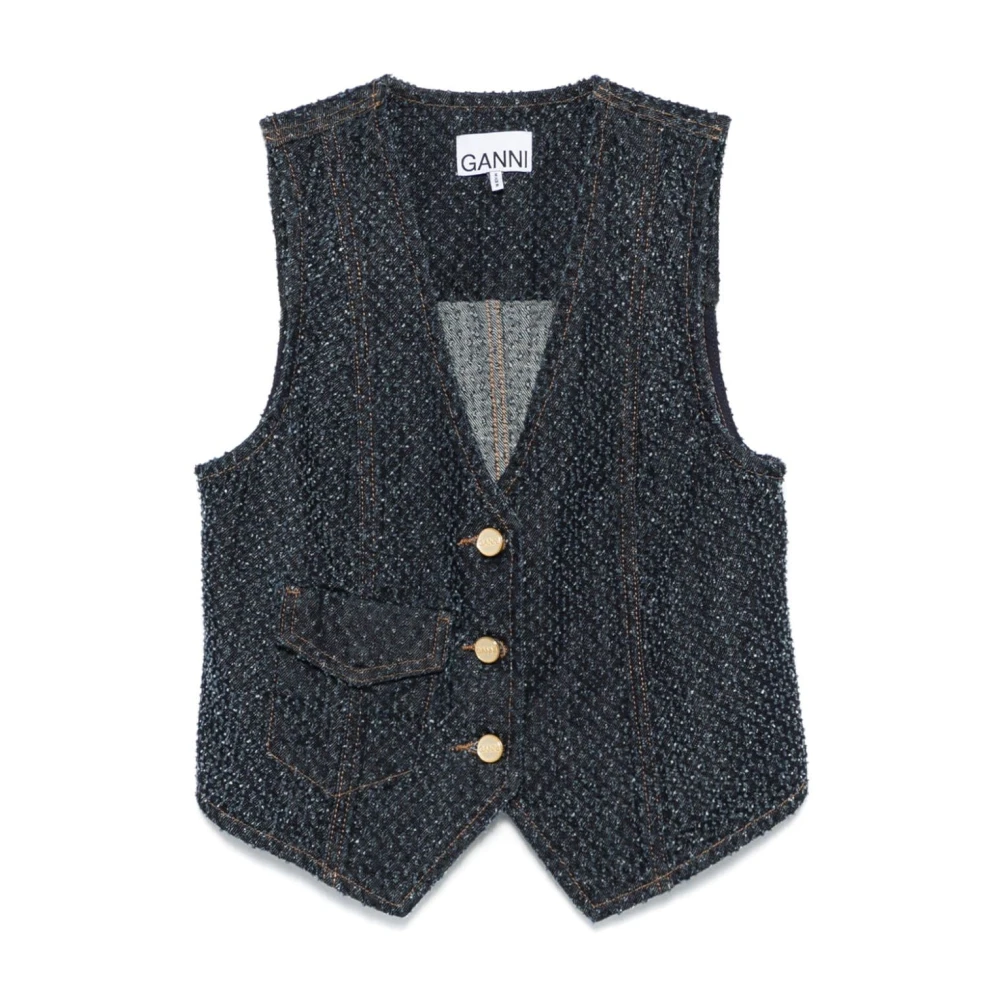 Ganni Blauwe Denim Distressed V-Hals Jas Blue Dames