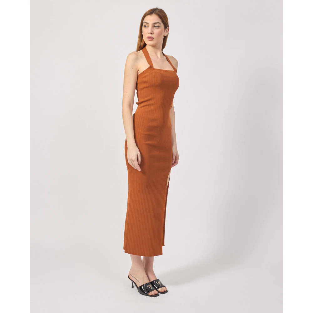 Silvian Heach Bruine Geribbelde Gebreide Jurk met Asymmetrisch Ontwerp Brown Dames