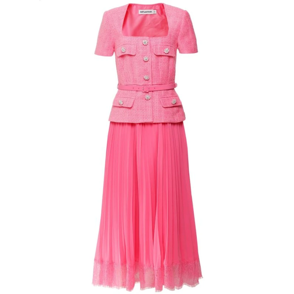 Self Portrait Midi Bouclé Chiffon Jurk Roze Pink Dames