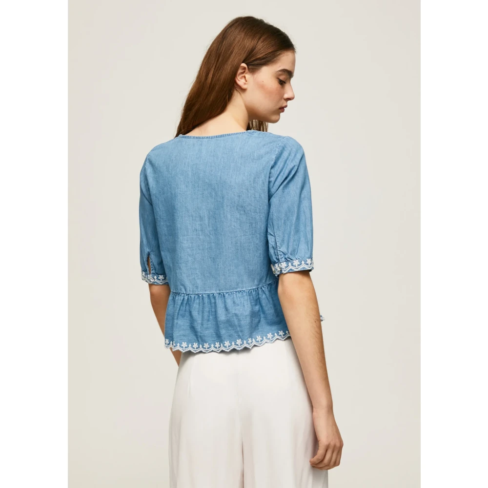 Pepe Jeans Denim V-Hals Blus med Broderade Detaljer Blue, Dam