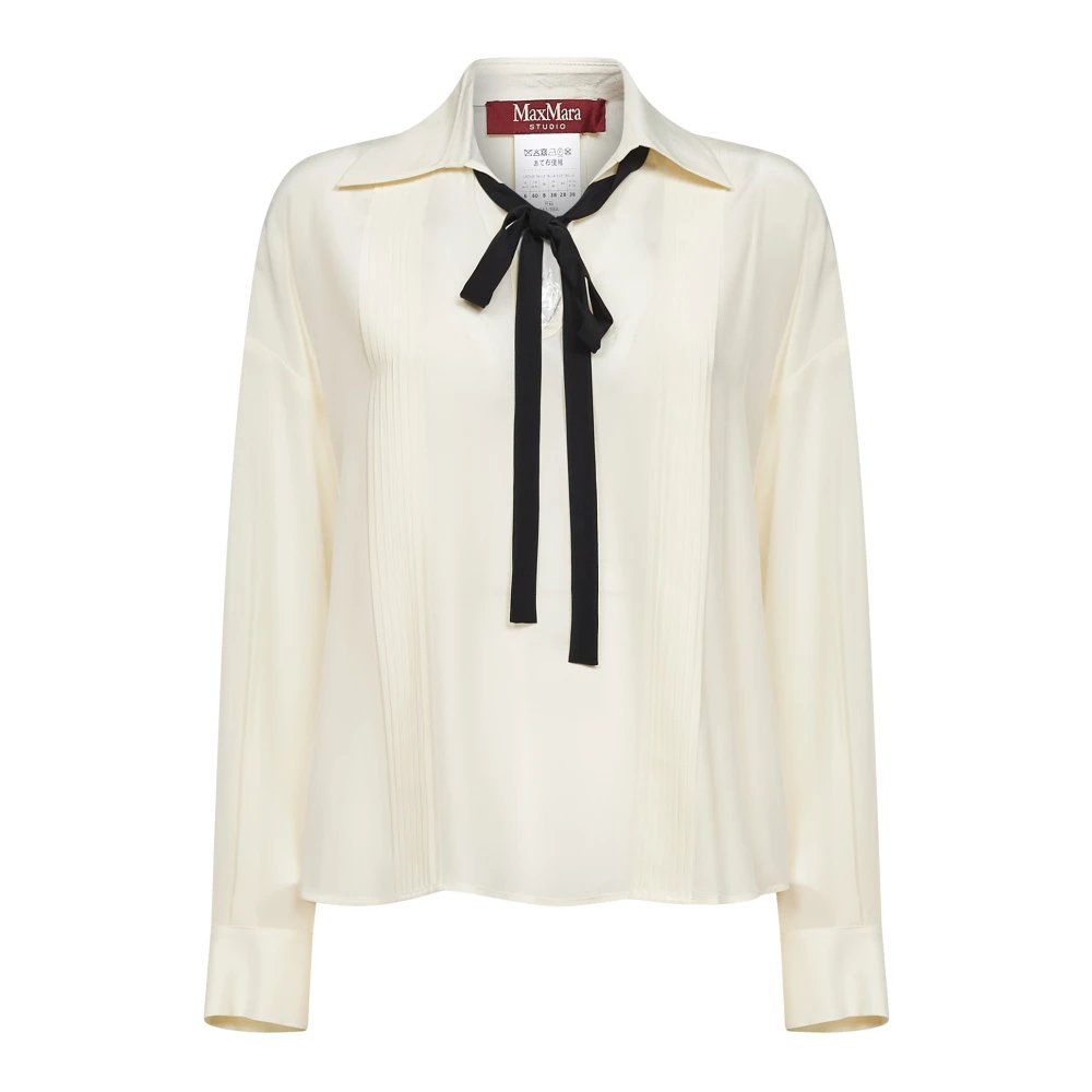 Max Mara Studio Beige Silk Blouse With Bow Tie - Female - Blouses - Xs - Blouses & Shirts
