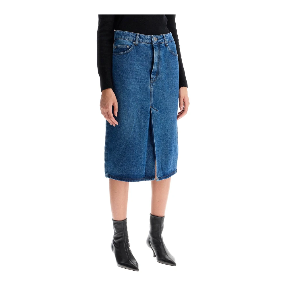 Ami Paris Denim Midi Kjol med Framslits Blue, Dam