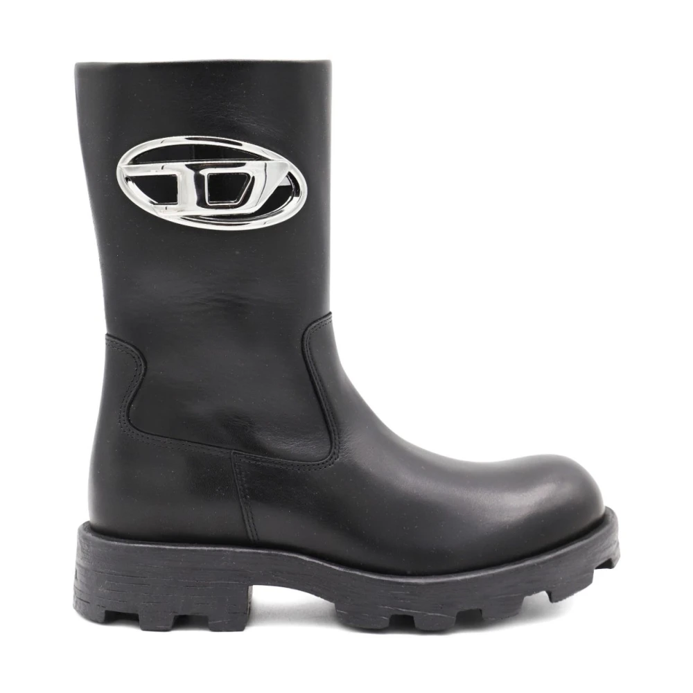 Diesel Women's Black Leather Chunky Boots Side Zip - Wellies - 6 Uk - Shoes