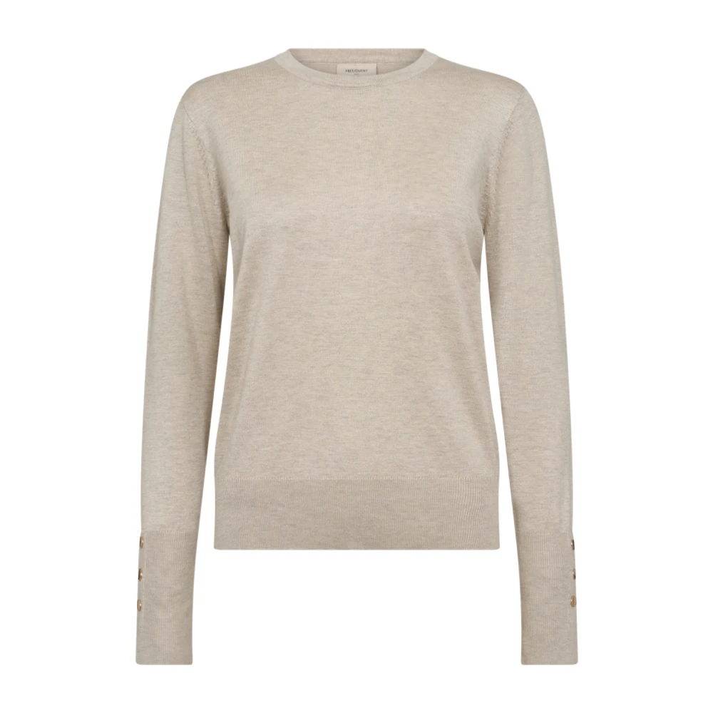 Freequent Beige Ronde Hals Trui met Knoopdetail Beige Dames