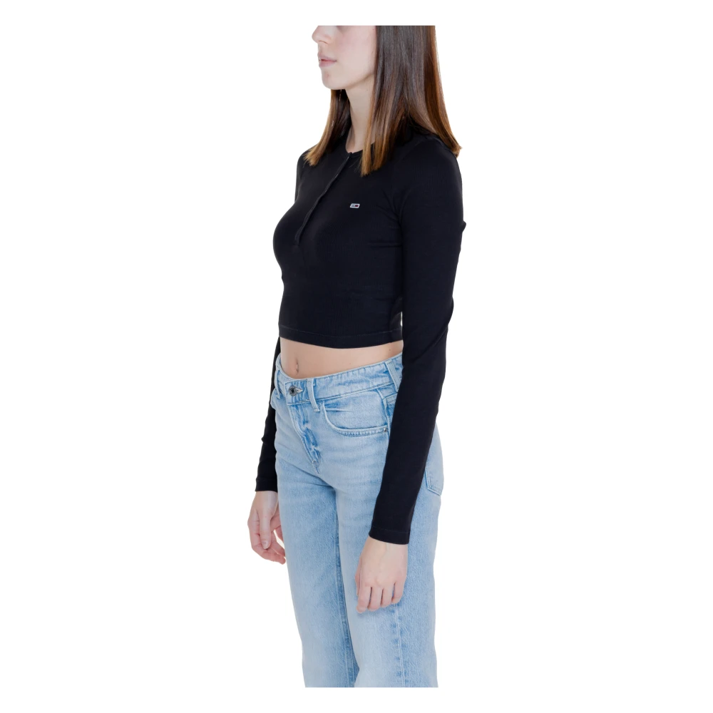 Tommy Jeans Henley T-Shirt Dames Katoen Elastaan Black Dames