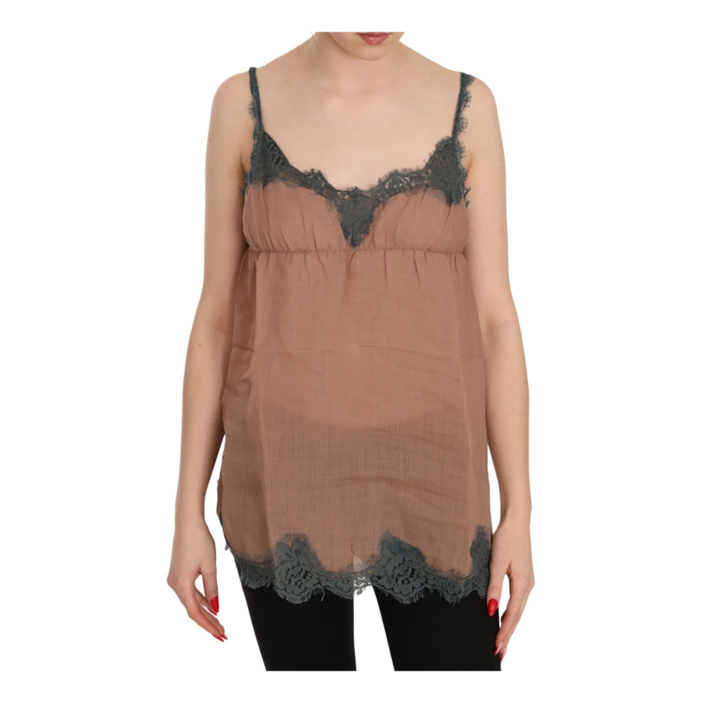 Pink Memories Brown Lace Tank Top With Logo - Female - Sleeveless Tops - Brown - S - Tops