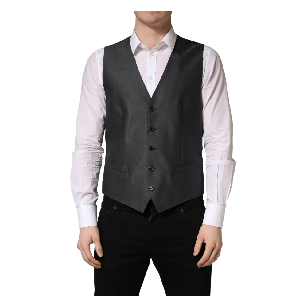 Dolce & Gabbana Mannelijk Zwart Kostuums Heren, M, Wol, Gilet Met Enkele Rij Knopen