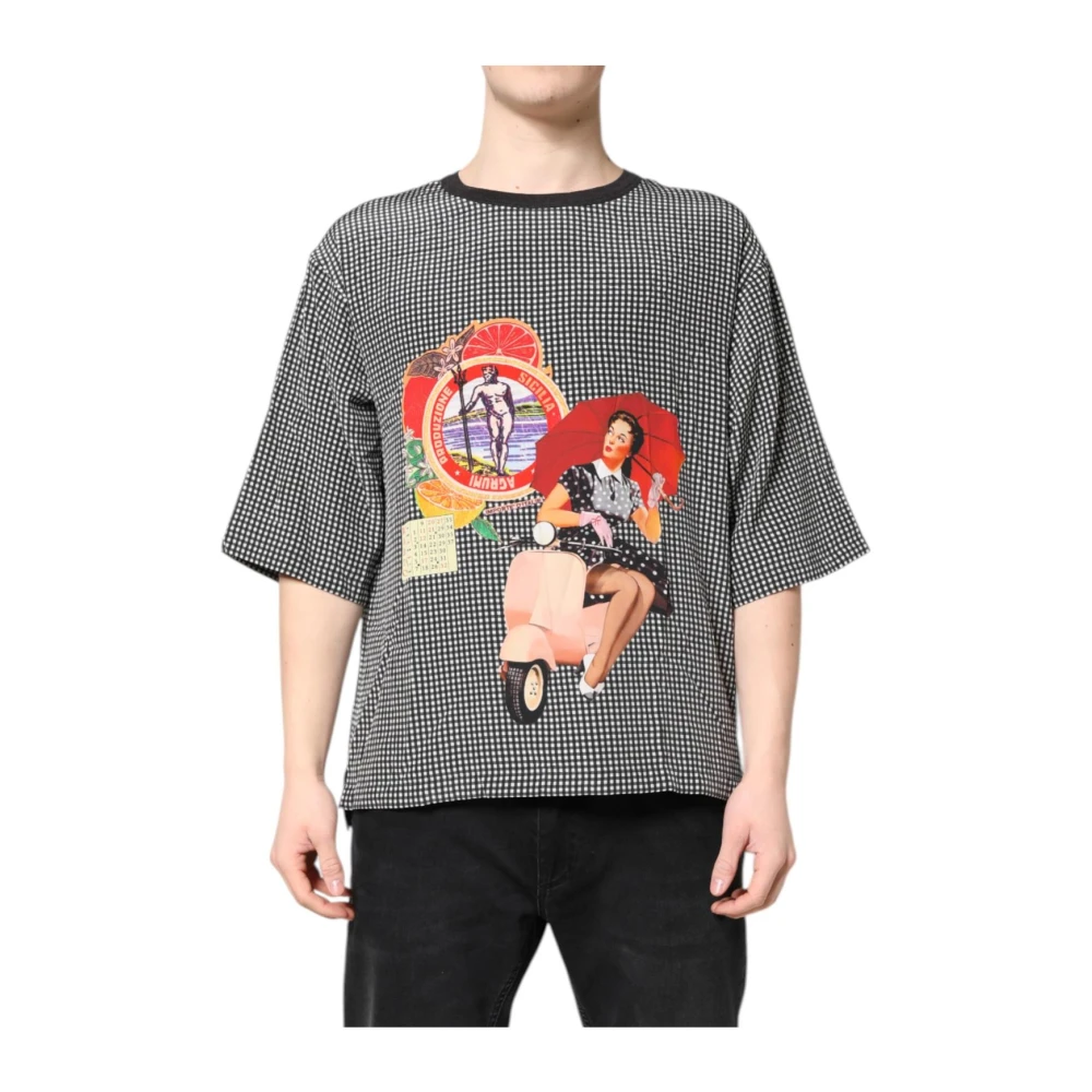 Dolce & Gabbana Mannelijk Zwart Tops, Heren,, Zijden Grafische Print Tee Groot