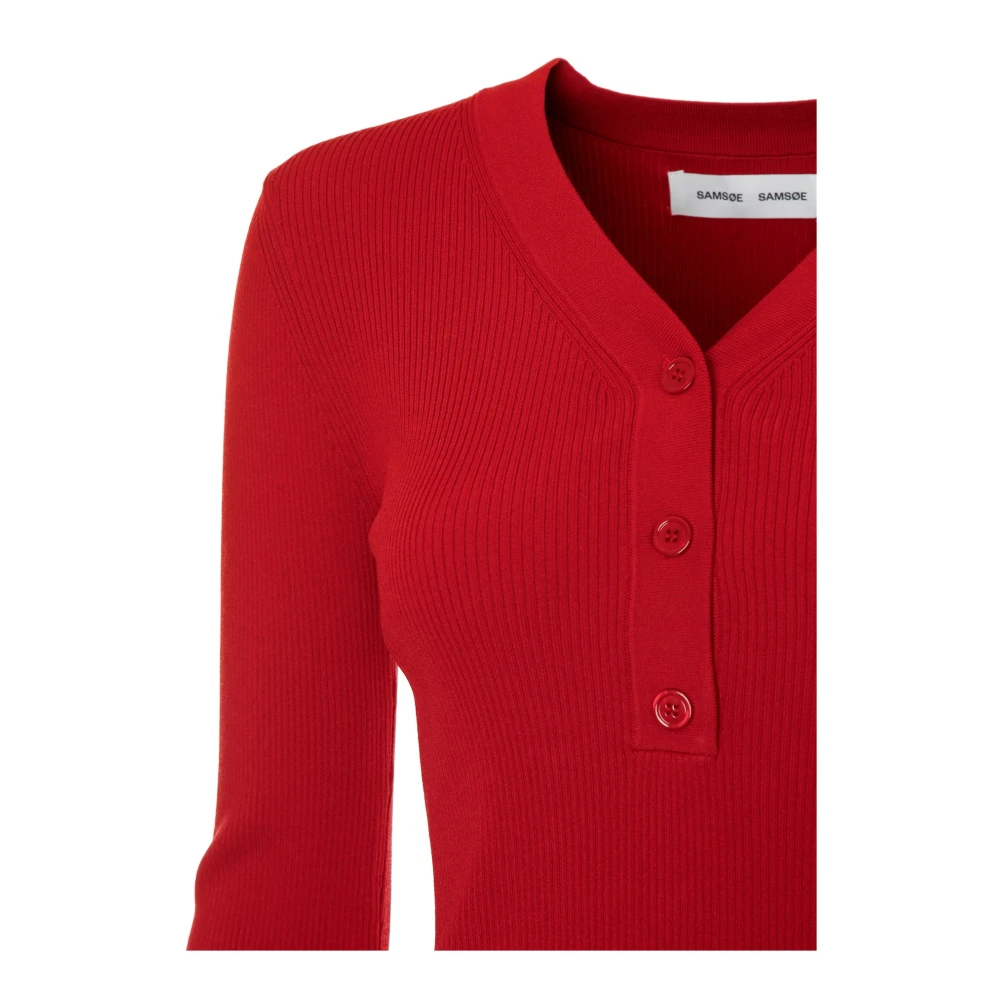 Samsøe Geribbelde Longsleeve Top met V-hals Red Dames