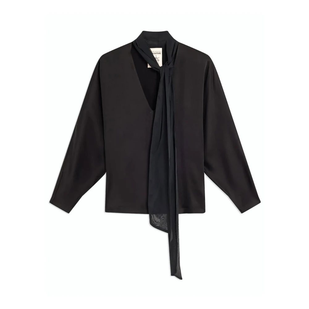 Semicouture Satin V-ringad Blus med Kimono Ärmar Black, Dam