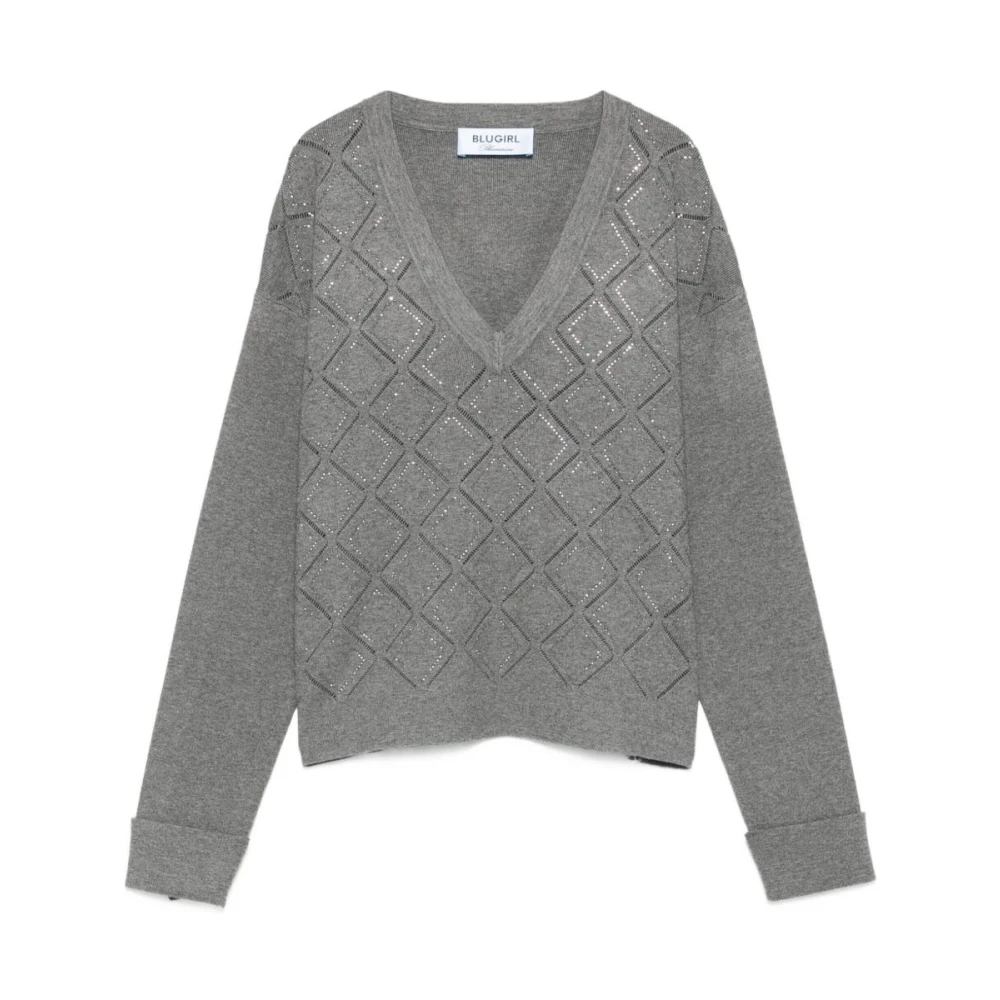 Blugirl Women's Gray Diamond Pattern V-Neck Sweater