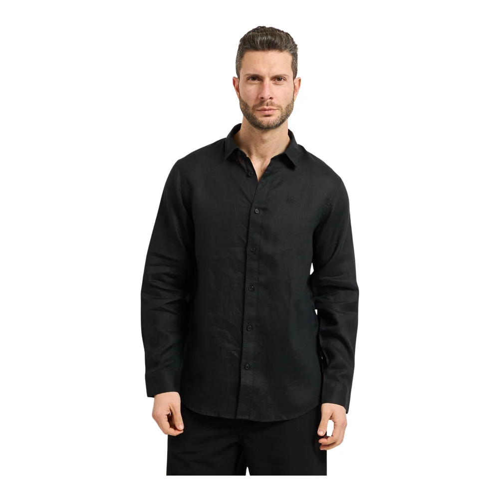 Armani Exchange Casual Shirts, Male, L, Regular Fit Linen Shirt Black