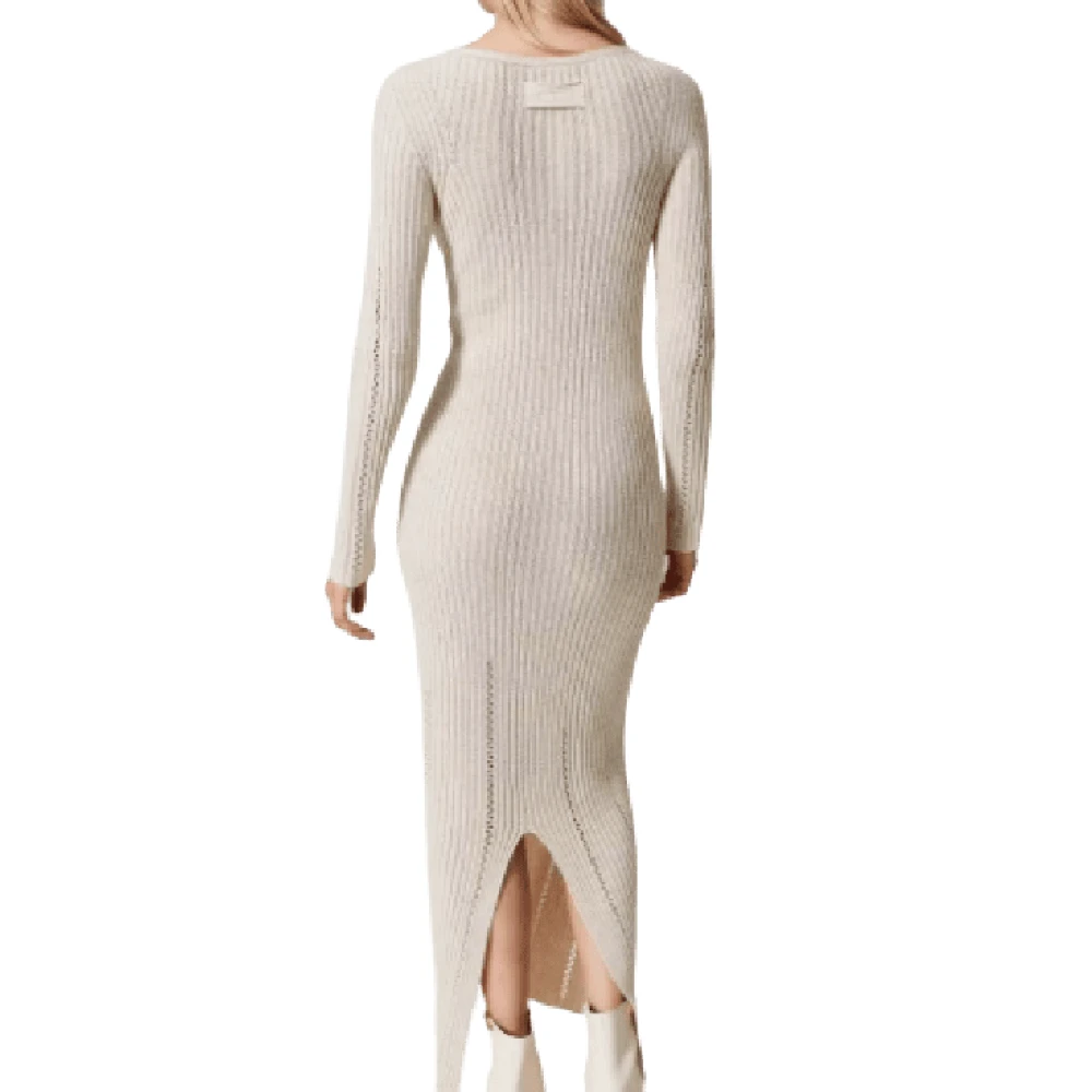 Twinset Cappuccino Lange Jurk Geribbeld Hart Pin Beige Dames