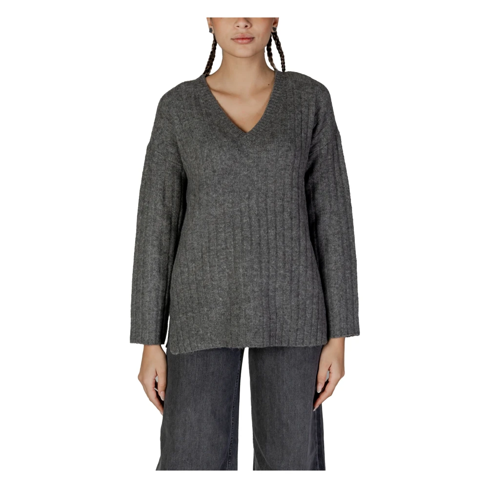 Vila Grijze V-hals Gebreide Trui Herfst Winter Gray Dames