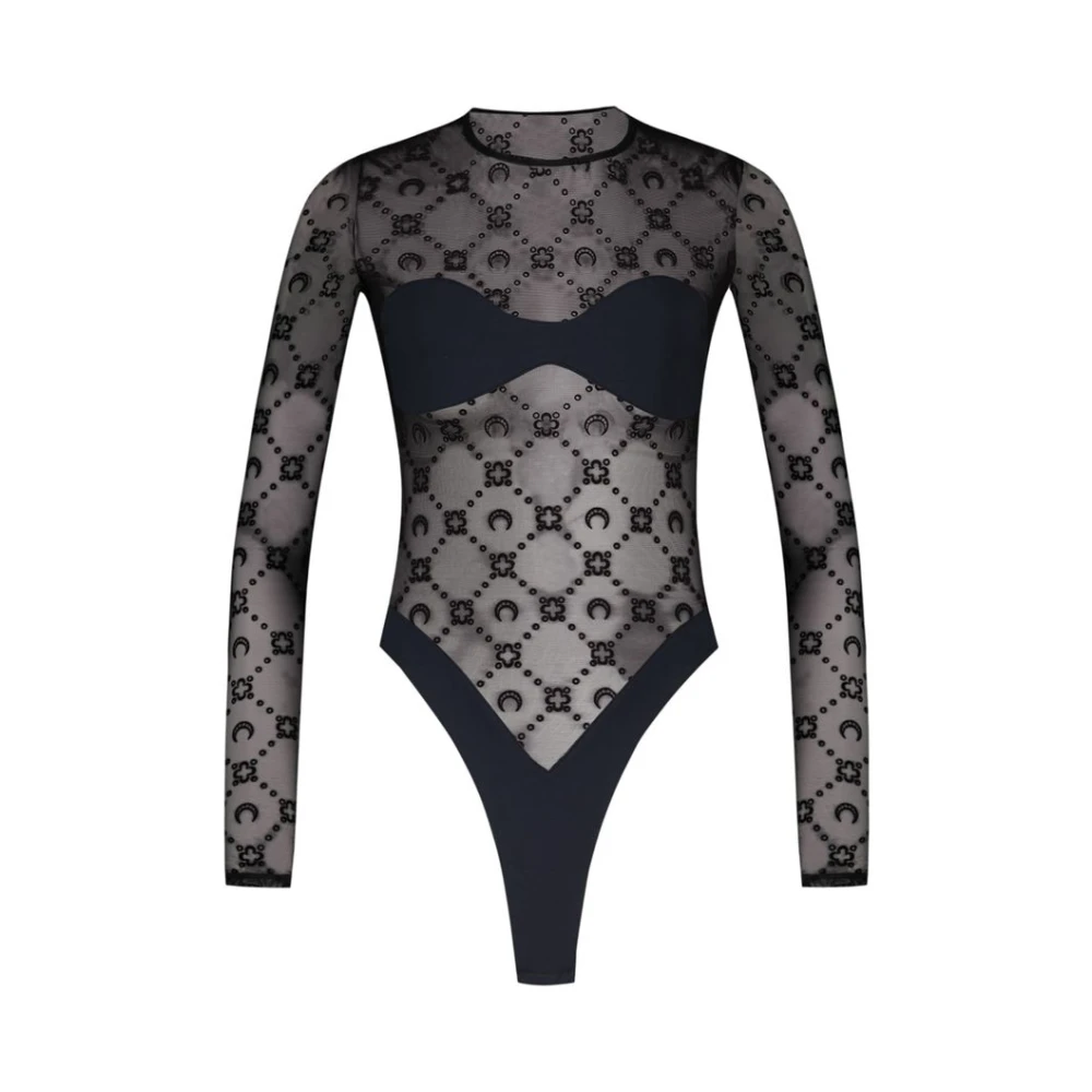 Marine Serre Women's Black Full-Body, S, Moonogram Mesh Flock Bodysuit T-Shirt