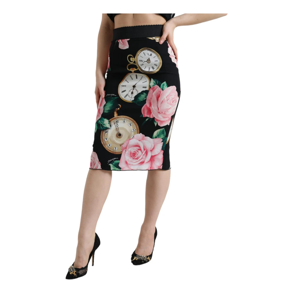 Dolce & Gabbana Zijden rok met rozen- en klokkenprint Black Dames
