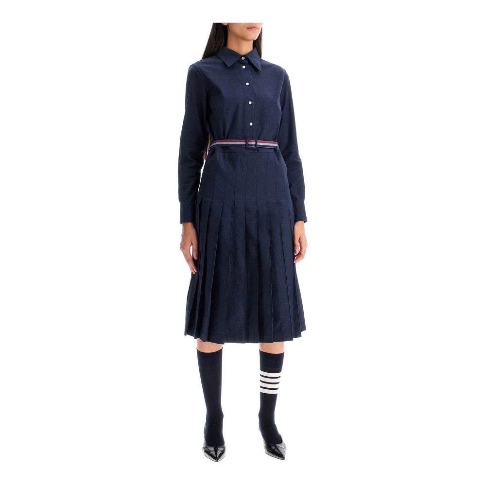 Thom Browne Flanellen Midi Overhemdjurk met Riem Blue Dames