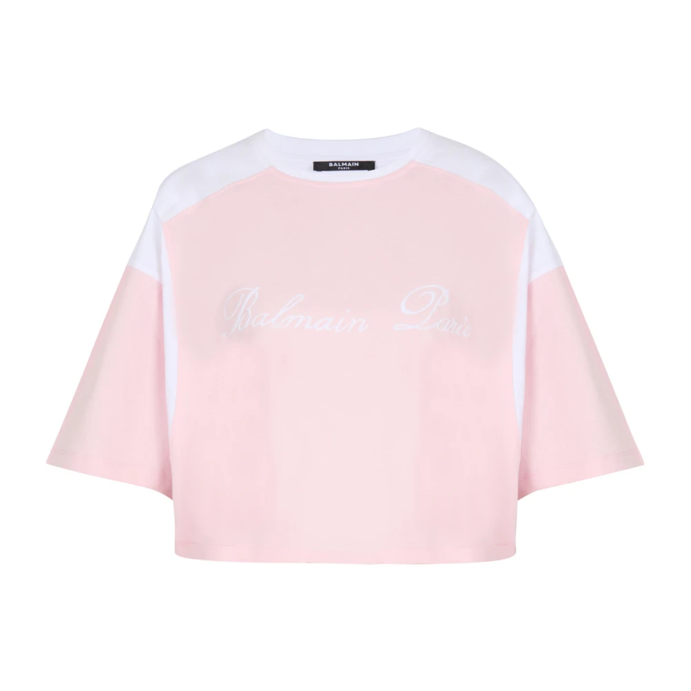 Balmain Tweekleurig T-shirt met Handtekening borduursel Pink Dames