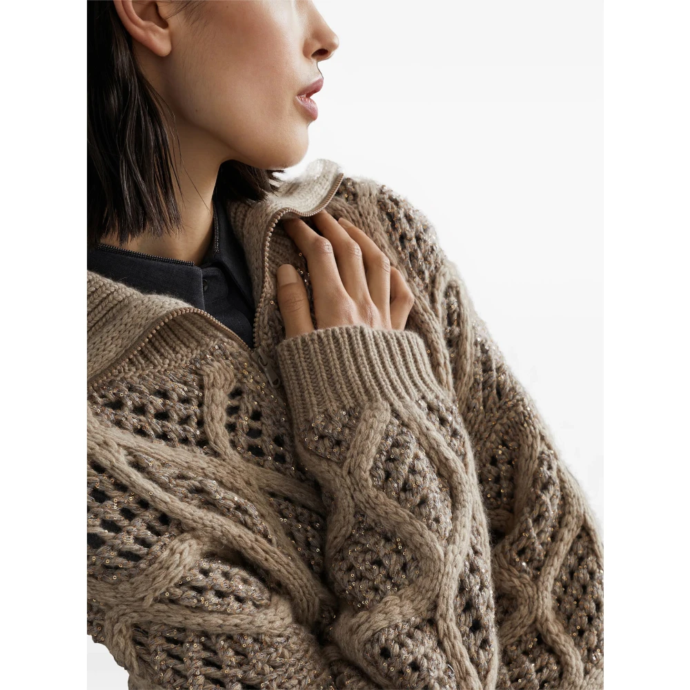 BRUNELLO CUCINELLI Bruine Kasjmier Vest met Pailletten Brown Dames