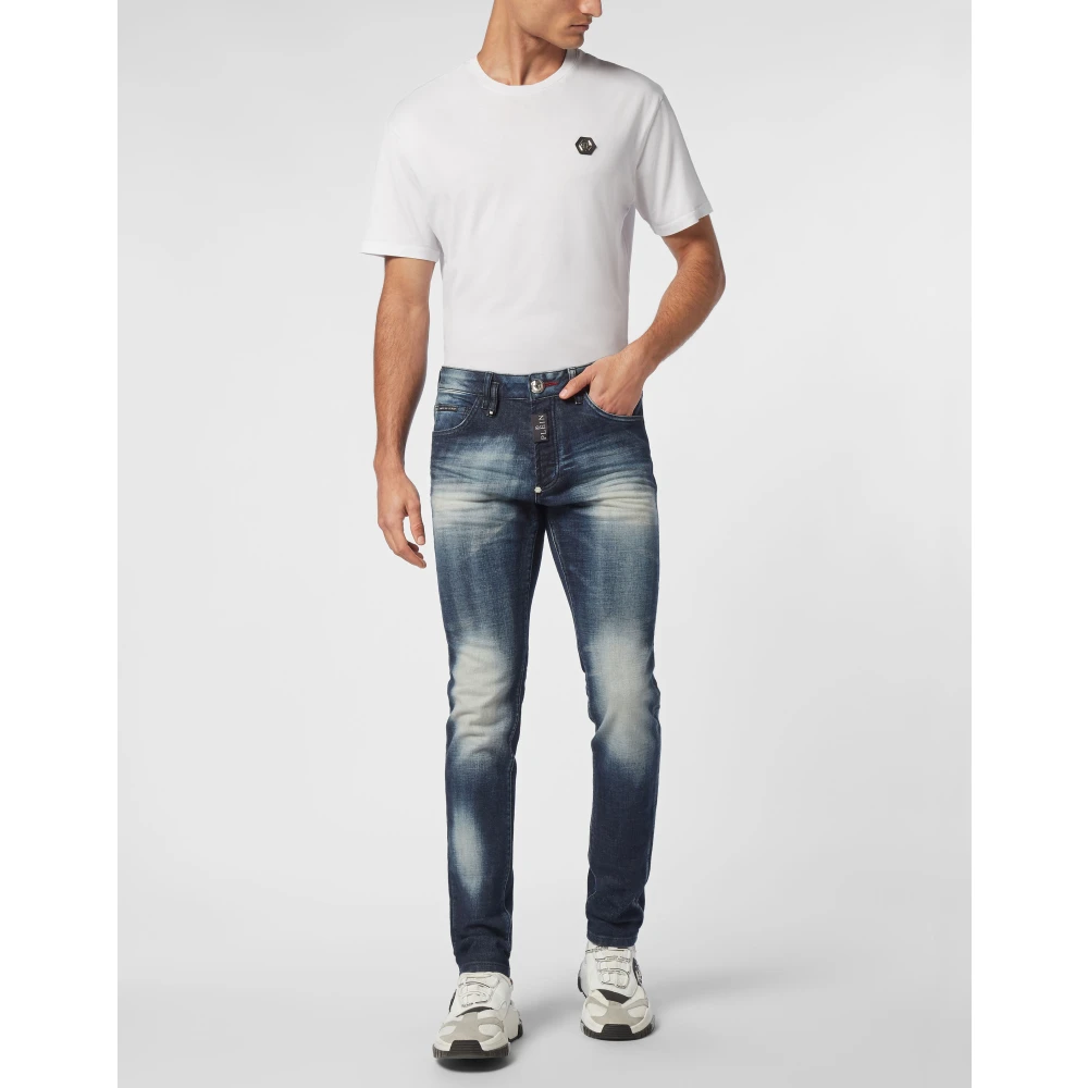 Philipp Plein Hexagon Denim Broek met Logo Label Blue Heren