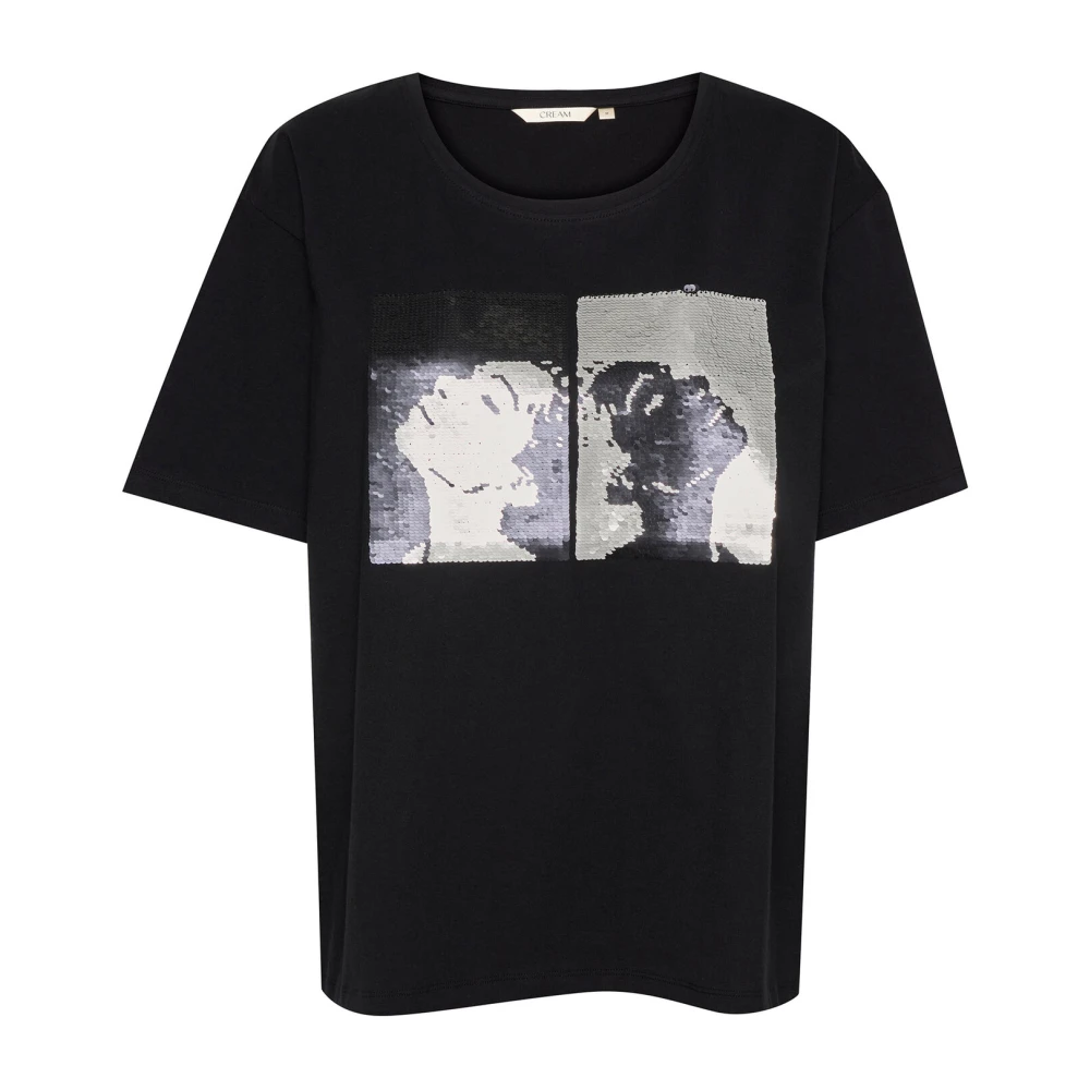 Cream Zwart Paillet T-shirt Top Black Dames