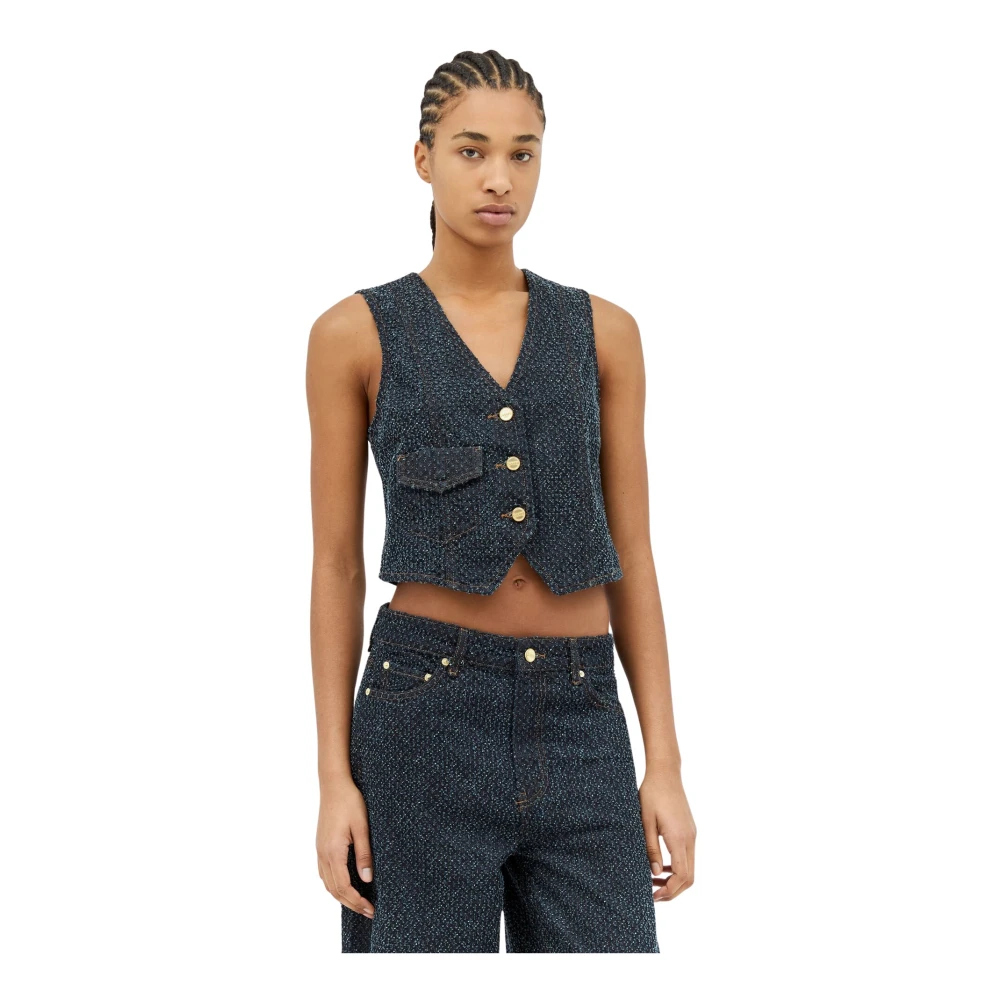 Ganni Fluffy Denim Vest met Goudkleurige Knopen Blue Dames