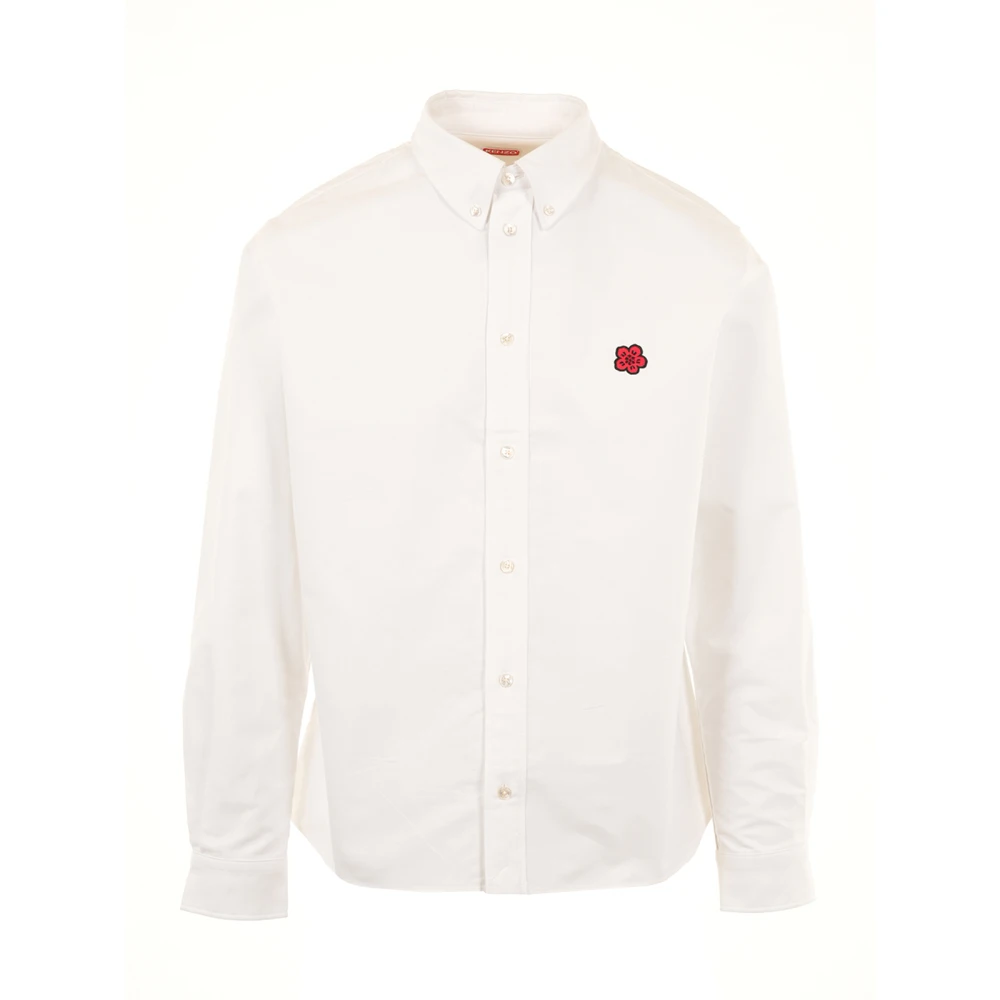 Kenzo Uomo Bianco Camicia Casual Con Ricamo Fiore Boke