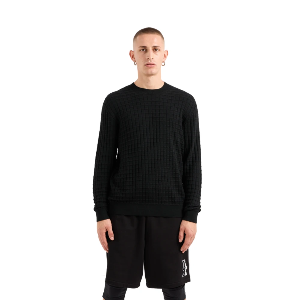 Armani Exchange Men's Black Checked Crewneck Jumper - Round-Neck Knitwear - Xs - Knitwear