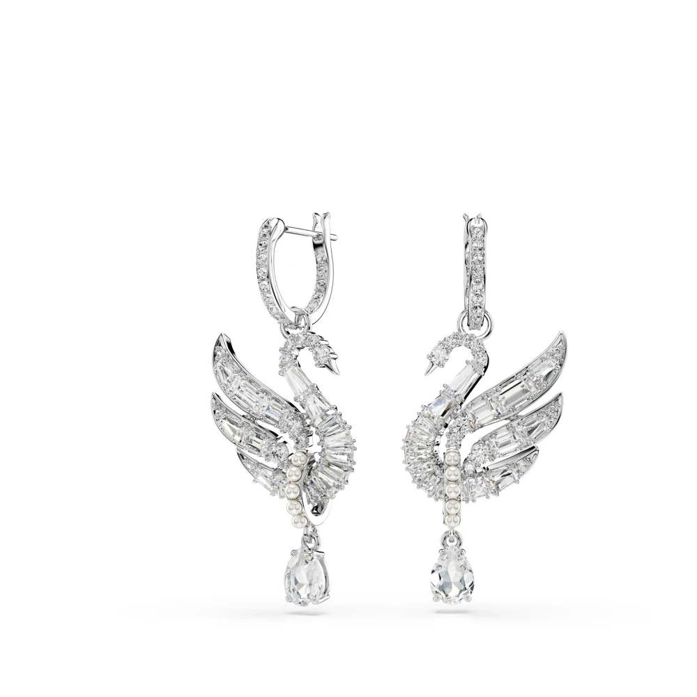 Swarovski Swan Earrings, Clear Mixed-Cut Crystals and Crystal Pearls in a Rhodium-Finished Setting, Part of the Swarovski Swan Collection - Image 3