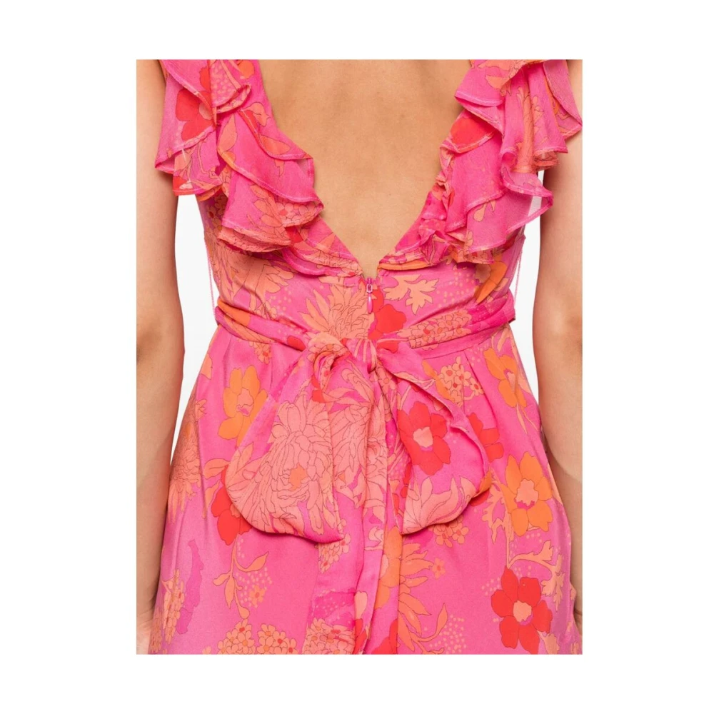 Rixo Bloemenprint zijden jurk met ruches Pink Dames