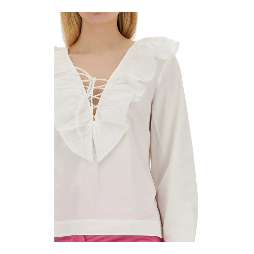 Ganni Katoenen Ruche Blouse V-hals Vrouwen White Dames