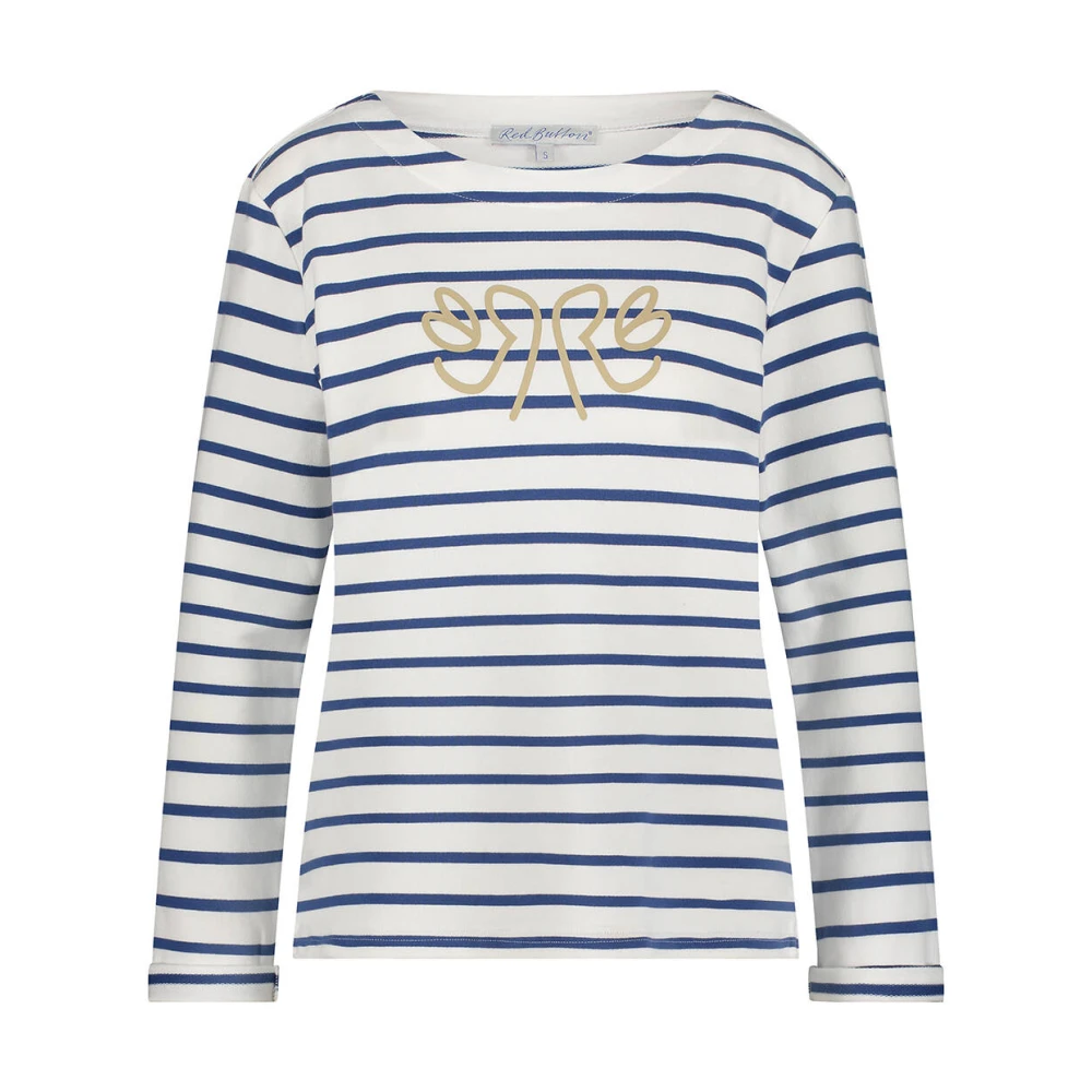 Red Button Gestreepte Borstprint Lange Mouw Top White Dames