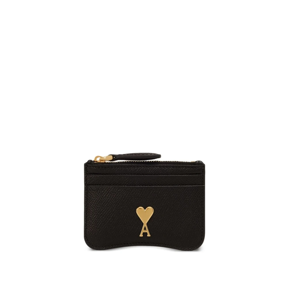 Ami Paris Zwarte portemonnee van kalfsleer met korrelige textuur en goudkleurige hardware Black Unisex