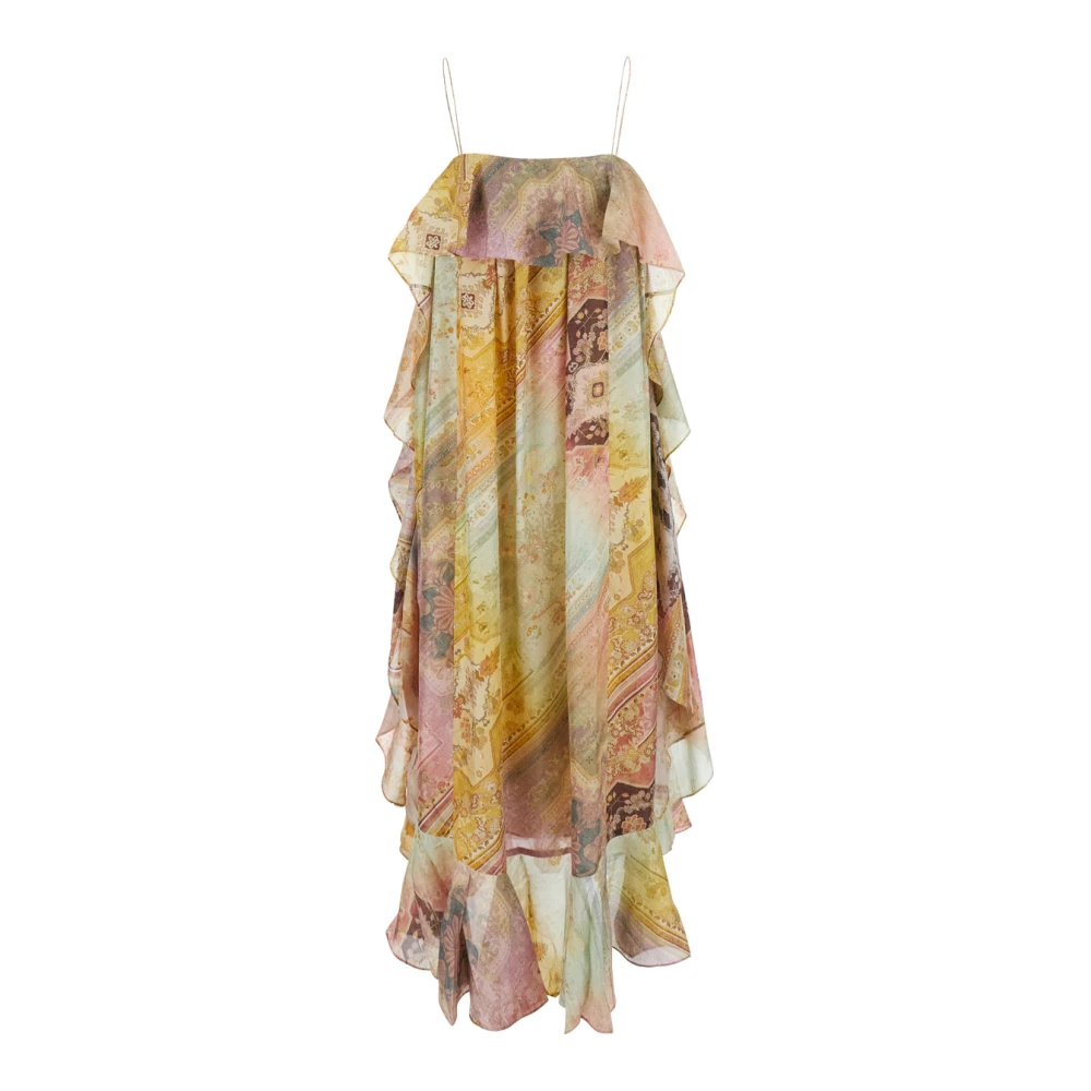 Zimmermann Multicolor Zijden Lange Jurk met Ruches Multicolor Dames