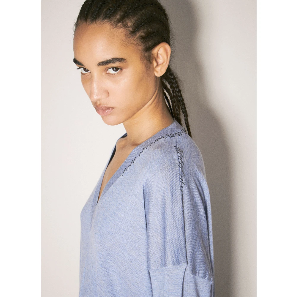 Marni V-Hals Wol Zijde Trui Blue Dames
